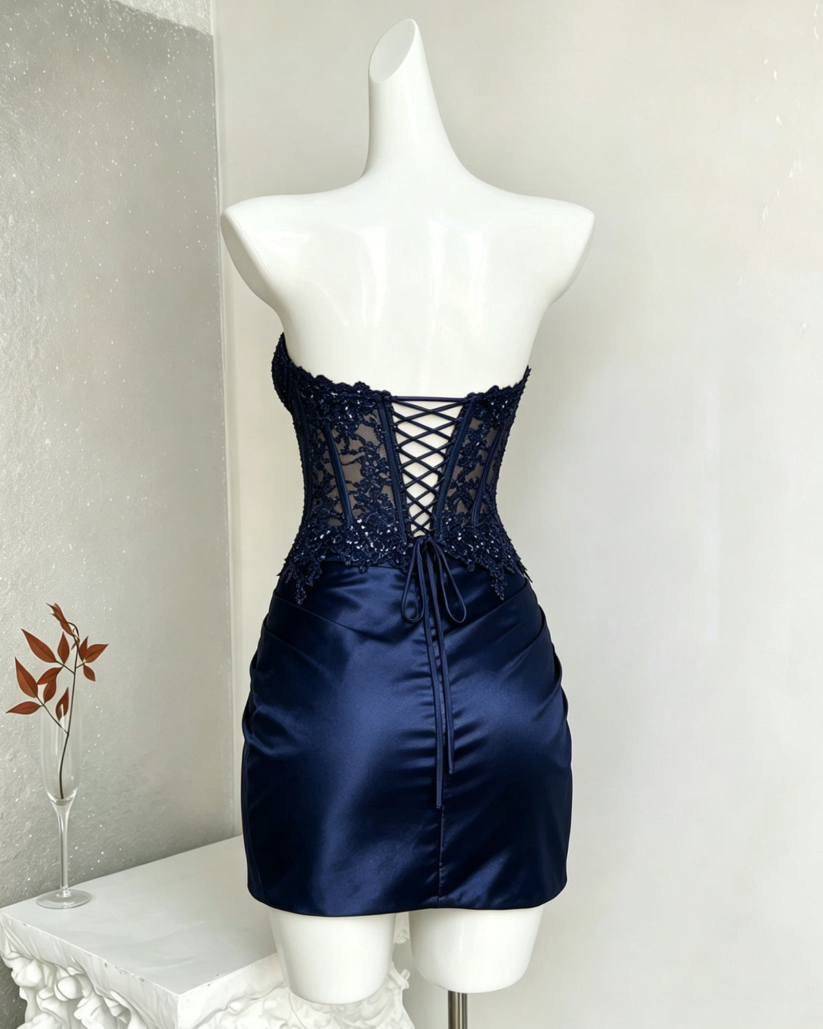 Strapless Sequin Lace Corset Satin Homecoming Dress with Slit - view 8