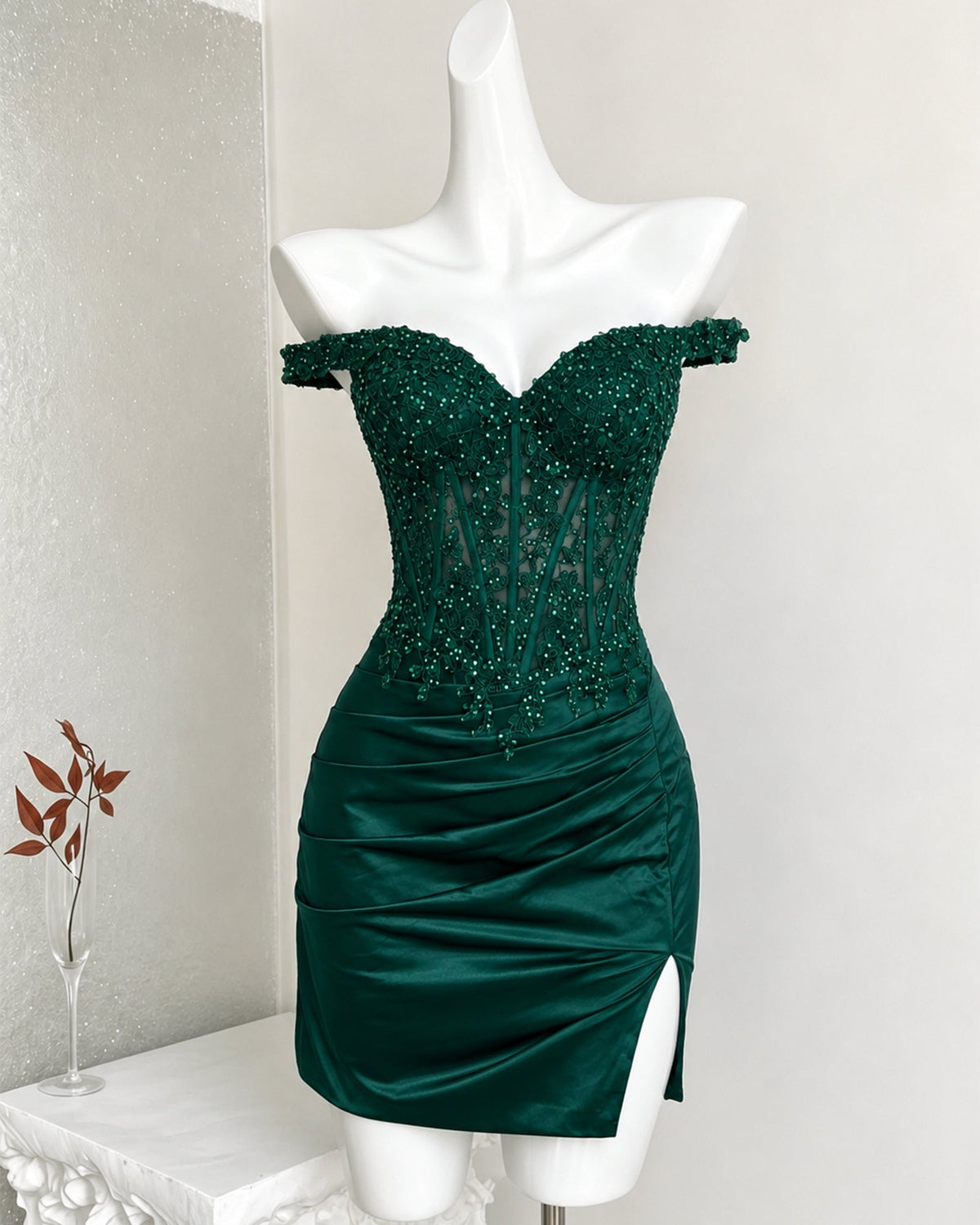 Off Shoulder Sequin Lace Corset Satin Homecoming Dress with Slit - view 8