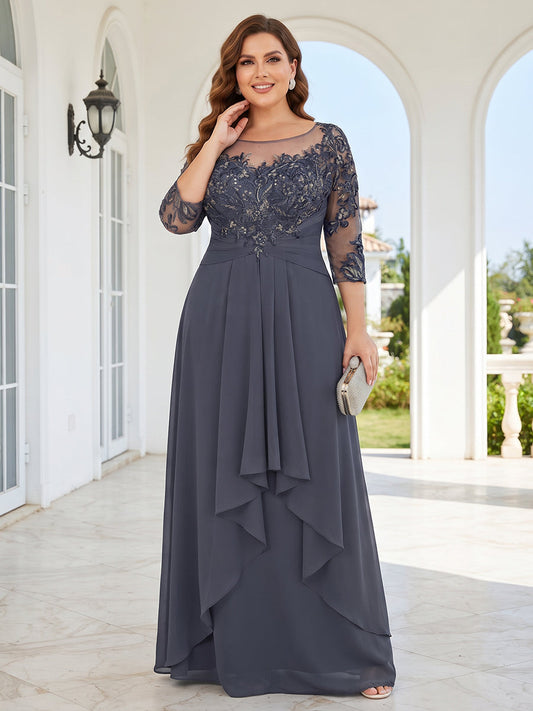 Chiffon mother-of-the-bride dress in dark navy, lace bodice, scoop neck, cascading ruffles