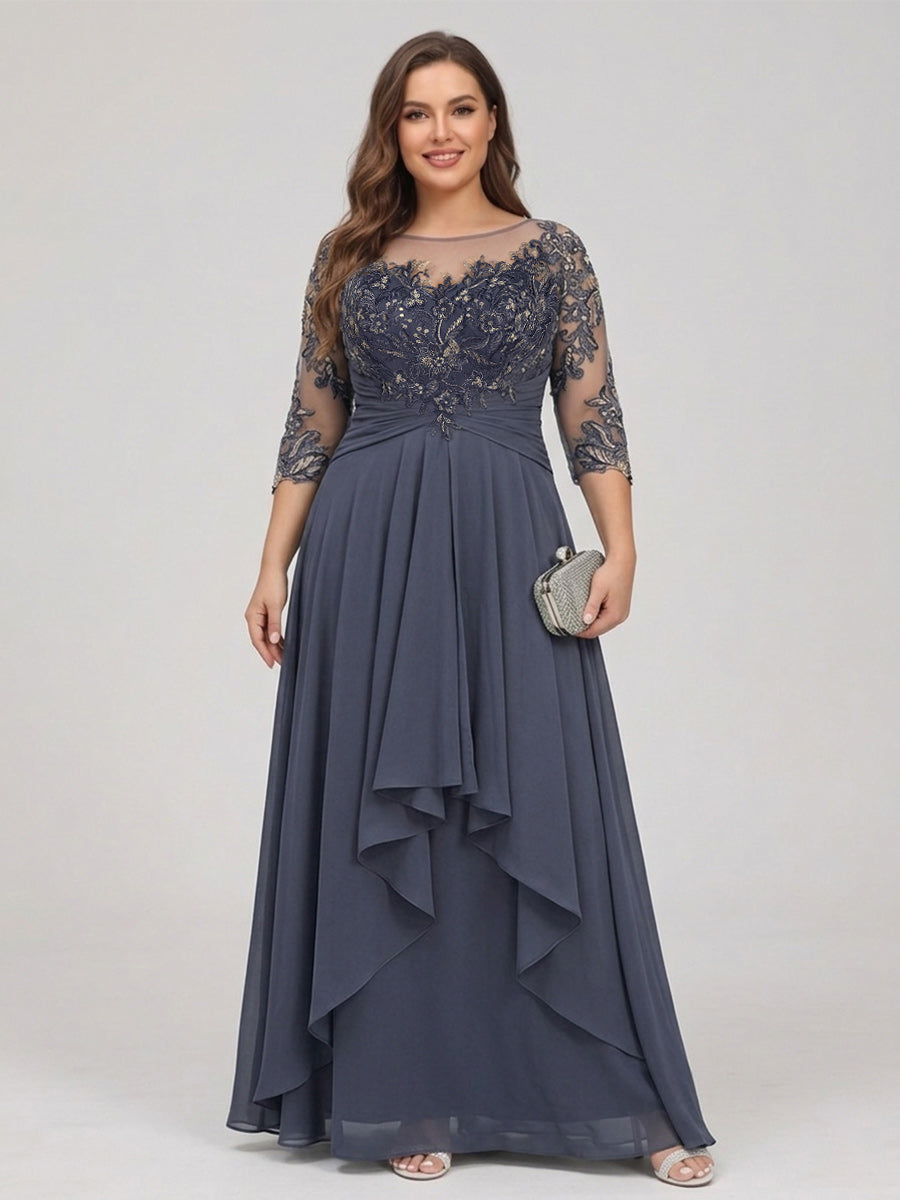 Chiffon mother-of-the-bride dress in dark navy, lace top, scoop neck, tiered cascading ruffles