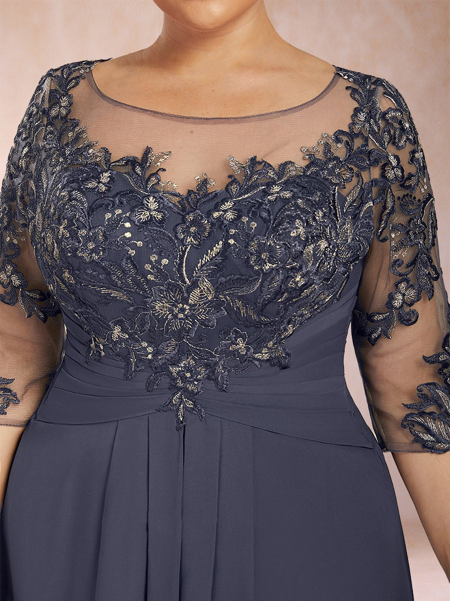 Chiffon mother-of-the-bride dress in dark navy, embroidered lace bodice detail, sheer sleeves