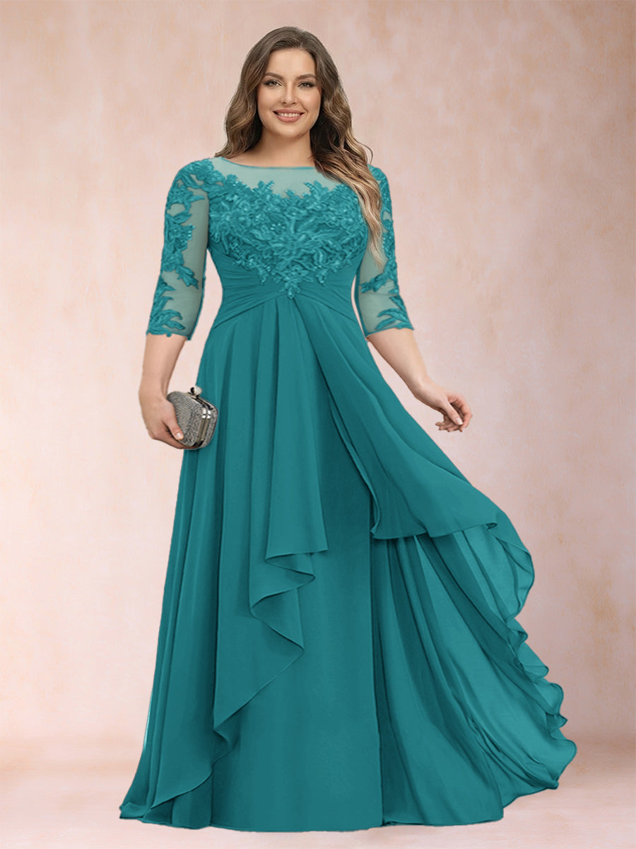 Chiffon mother-of-the-bride dress in teal, lace bodice, scoop neck, cascading ruffles