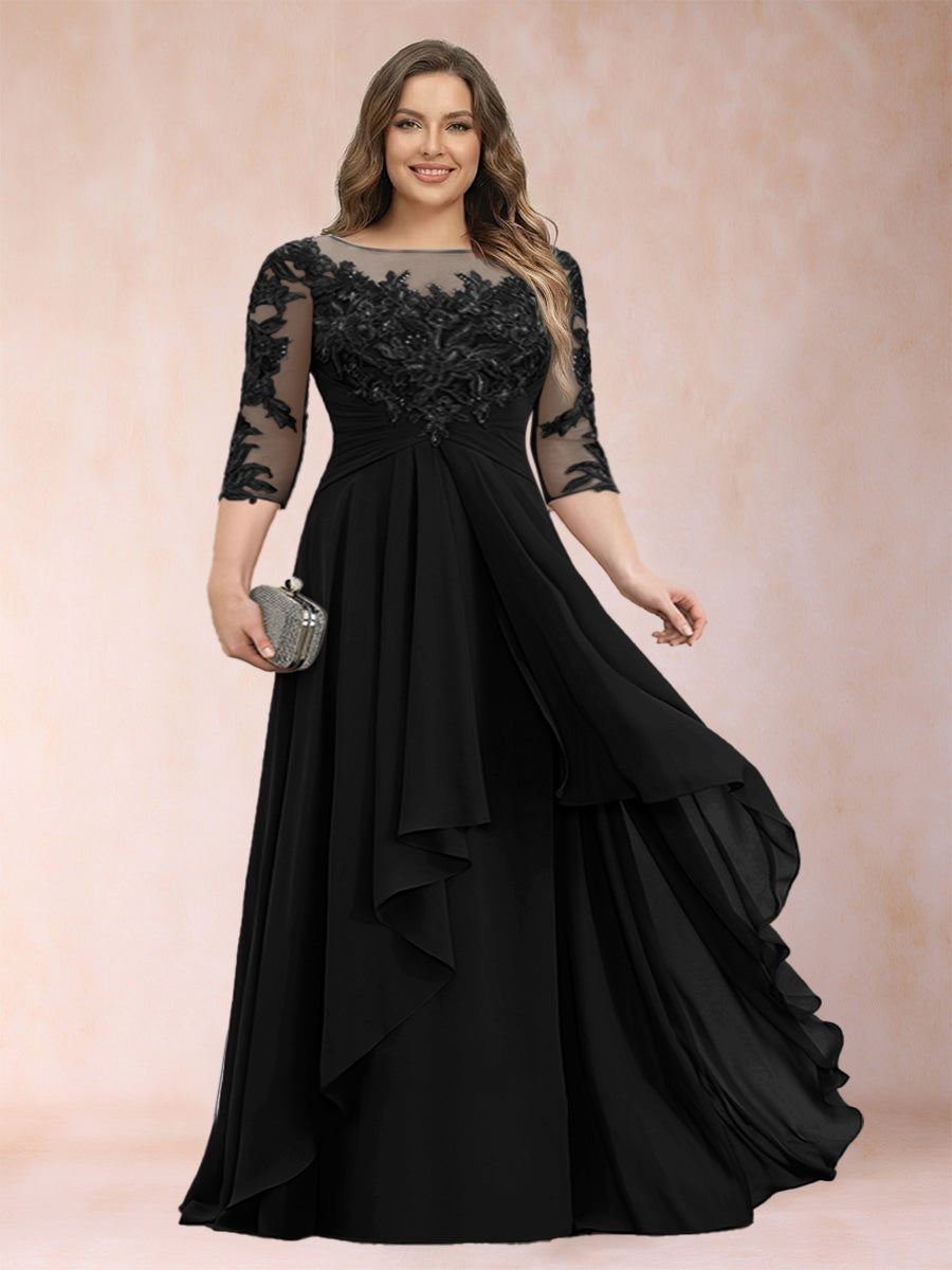 Chiffon mother-of-the-bride dress in black, lace bodice, scoop neck, layered cascading ruffles