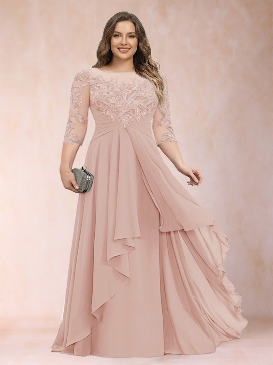 Chiffon mother-of-the-bride dress in blush pink, scoop neck, lace sleeves, flowing ruffle skirt