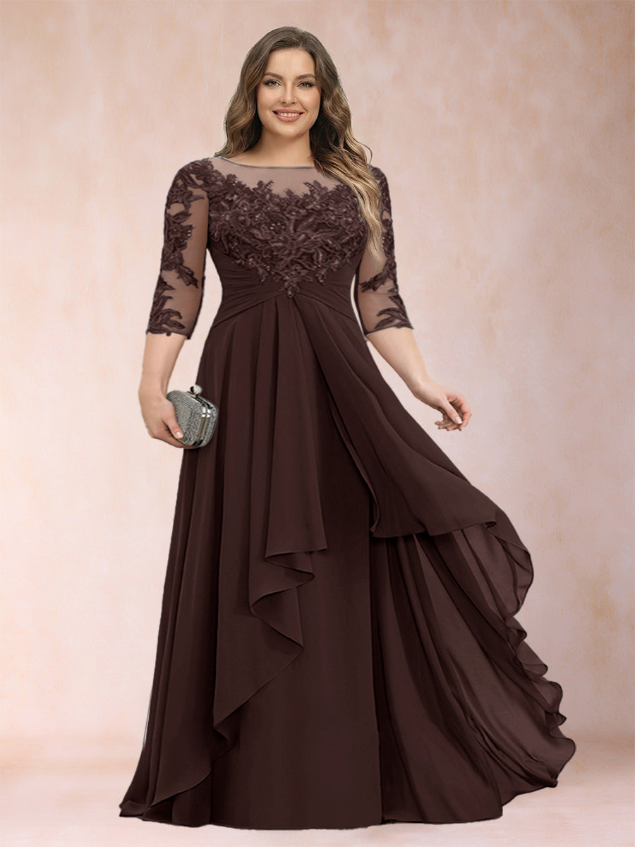 Chiffon mother-of-the-bride dress in dark burgundy, scoop neck, lace sleeves, cascading ruffles