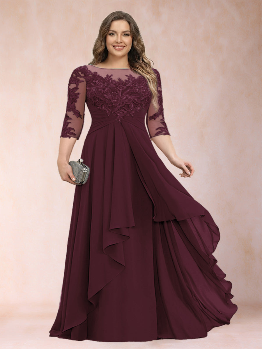 Chiffon mother-of-the-bride dress in burgundy, scoop neck, lace sleeves, layered cascading ruffles