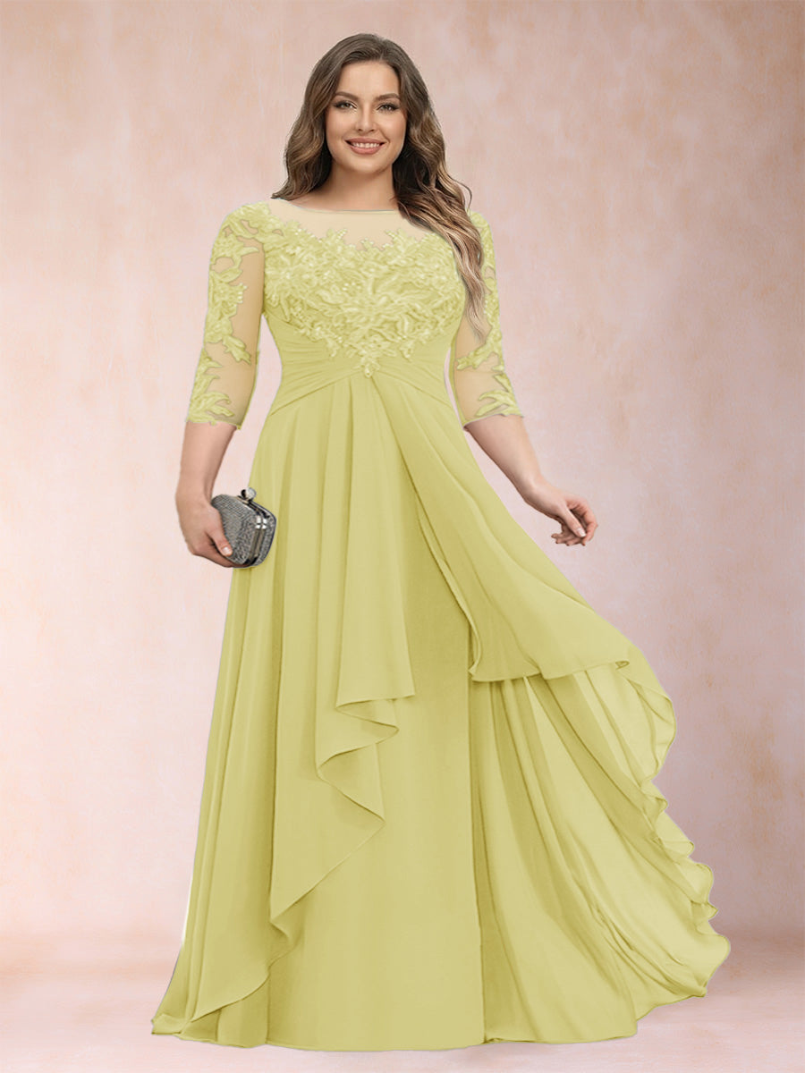 Chiffon mother-of-the-bride dress in light lime green, scoop neck, lace sleeves, cascading ruffles