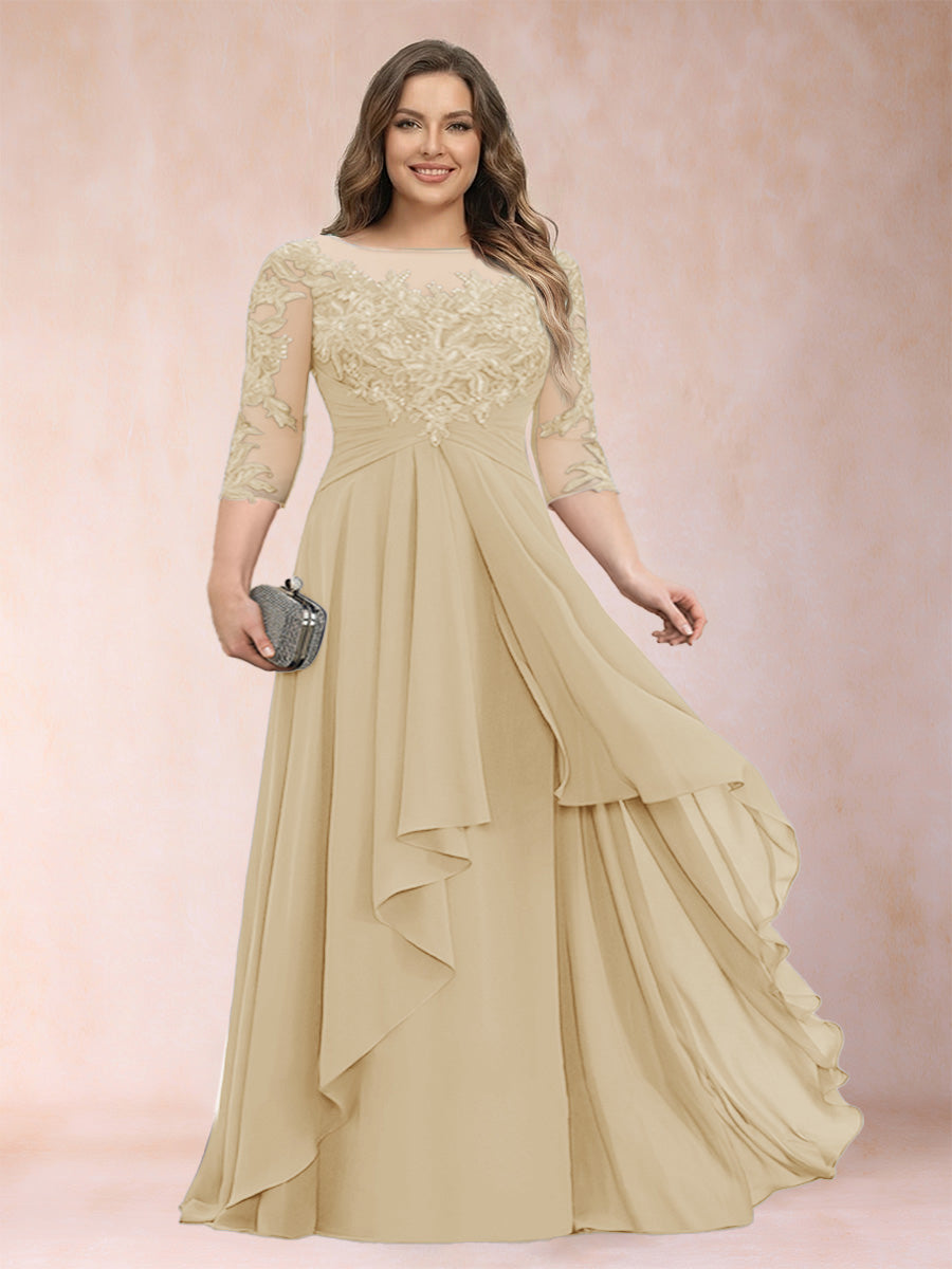 Chiffon mother-of-the-bride dress in champagne, scoop neck, lace sleeves, flowing cascading ruffles