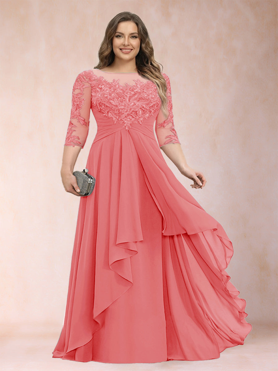 Chiffon mother-of-the-bride dress in coral pink, scoop neck, lace sleeves, cascading ruffle skirt