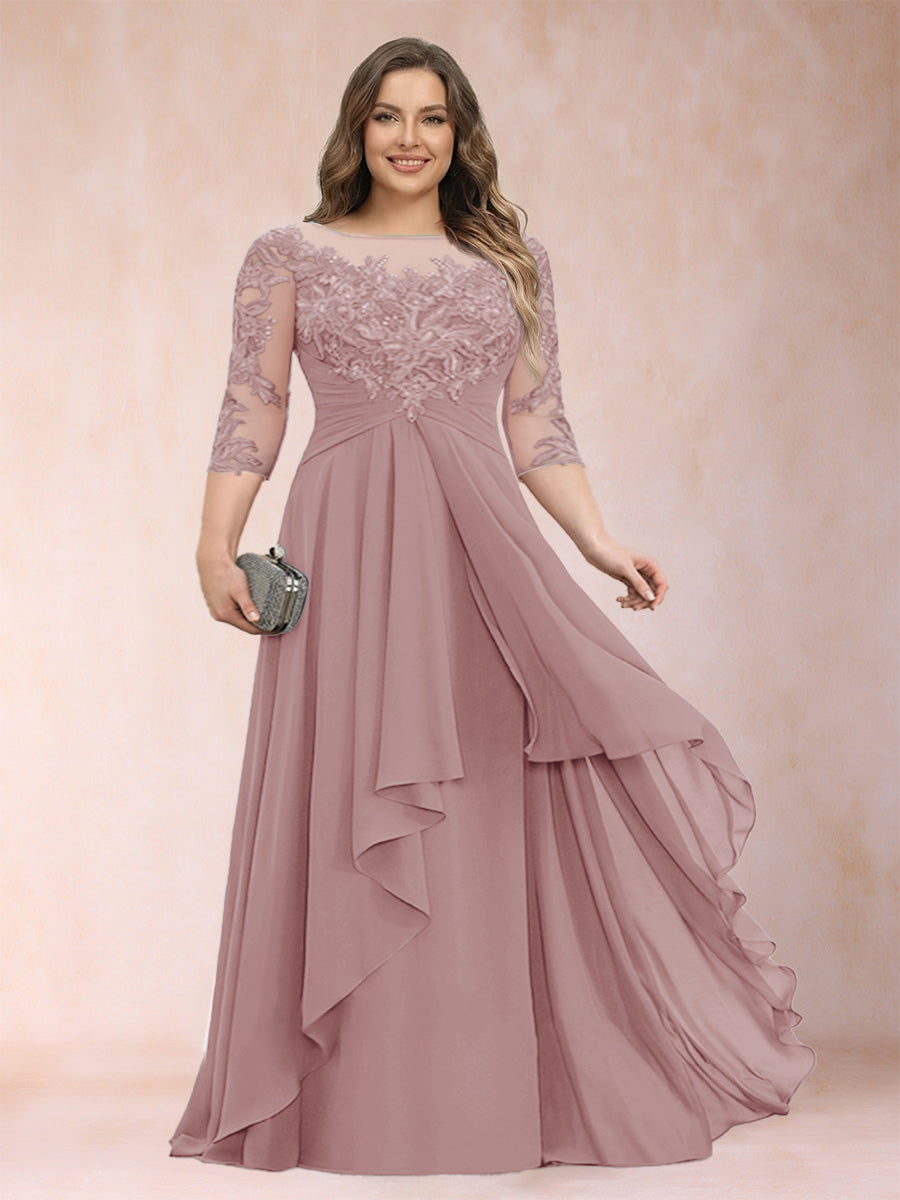 Chiffon mother-of-the-bride dress in dusty rose pink, scoop neck, lace sleeves, cascading ruffles