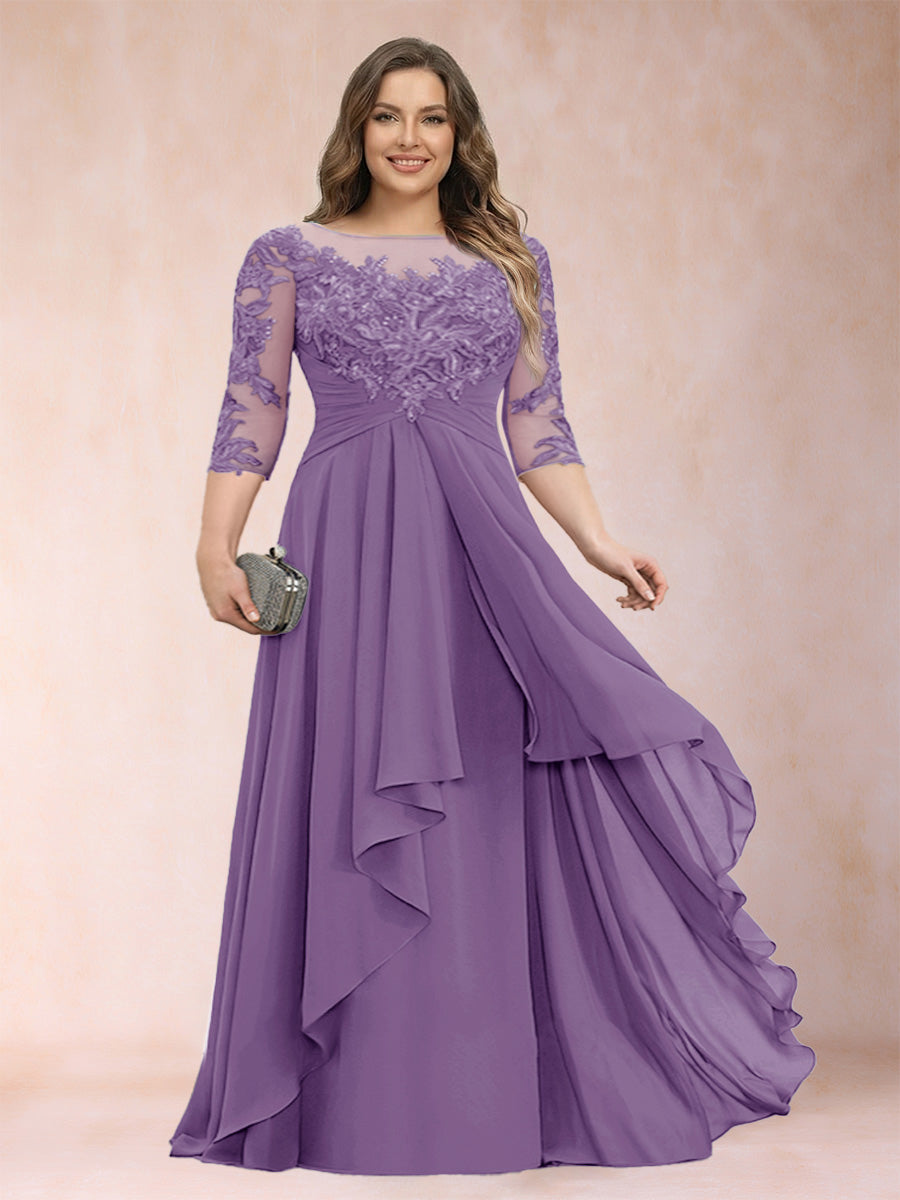 Chiffon mother-of-the-bride dress in purple with scoop neck and cascading ruffle skirt