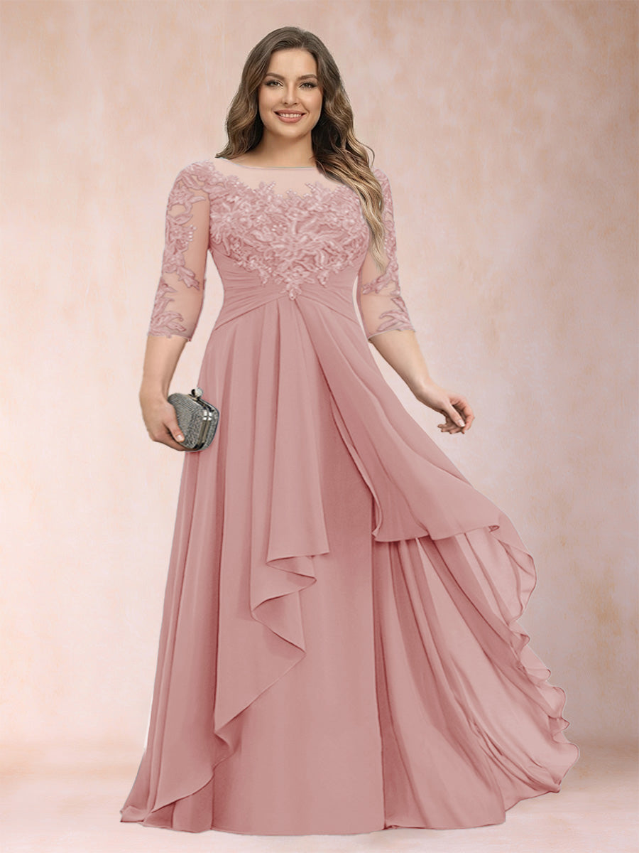 Chiffon mother-of-the-bride dress in blush pink with scoop neck and cascading ruffle skirt