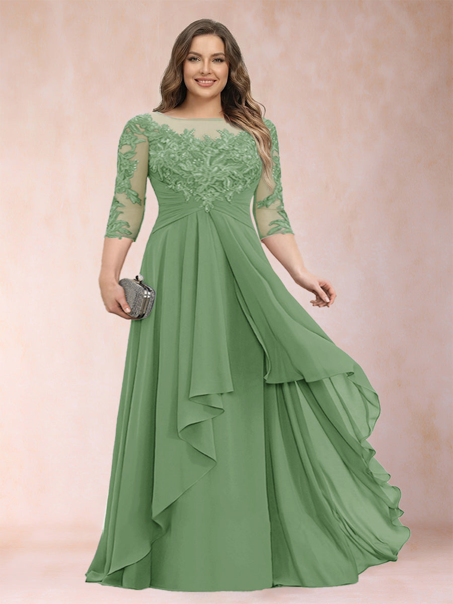 Chiffon mother-of-the-bride dress in green with scoop neck and cascading ruffle skirt