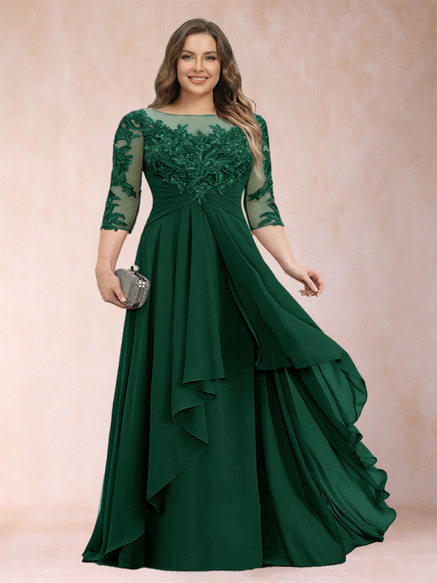 Chiffon mother-of-the-bride dress in dark green with scoop neck and cascading ruffle skirt
