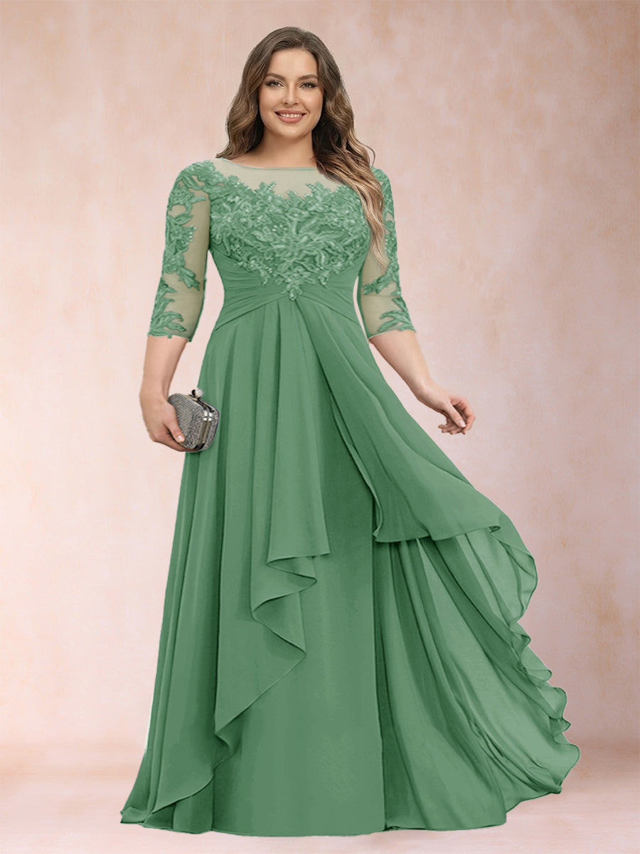 Chiffon mother-of-the-bride dress in light green with scoop neck and cascading ruffle skirt