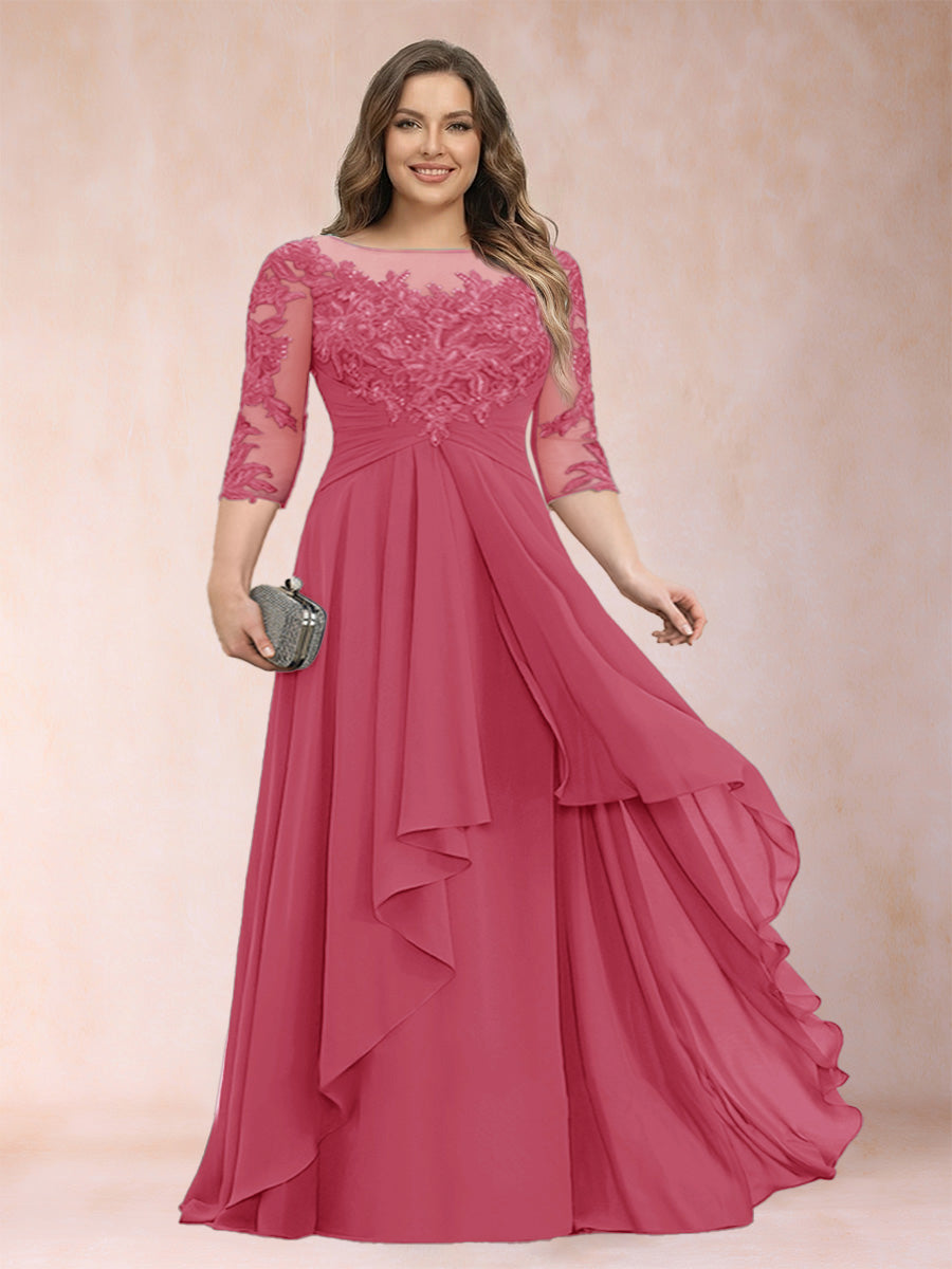 Chiffon mother-of-the-bride dress in rose pink with scoop neck and cascading ruffle skirt