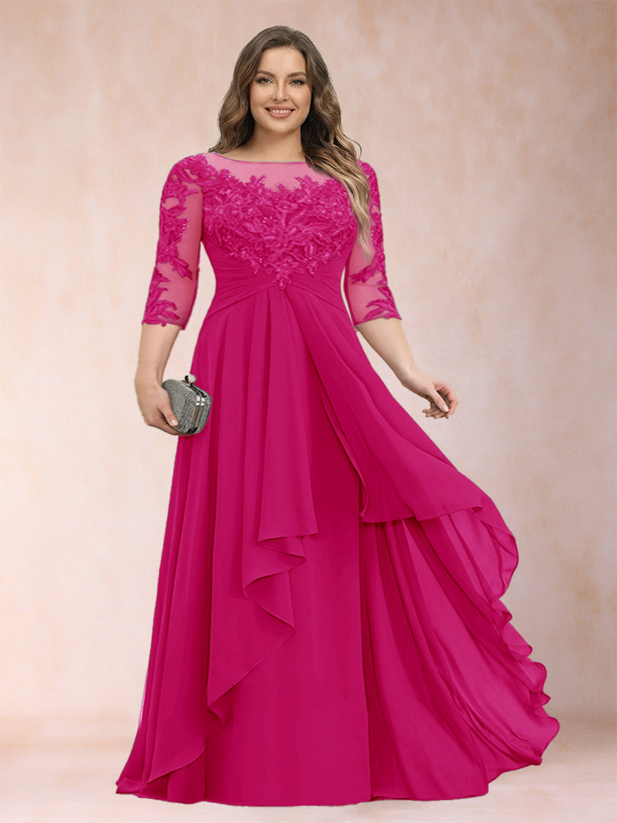 Chiffon mother-of-the-bride dress in fuchsia with scoop neck and cascading ruffle skirt