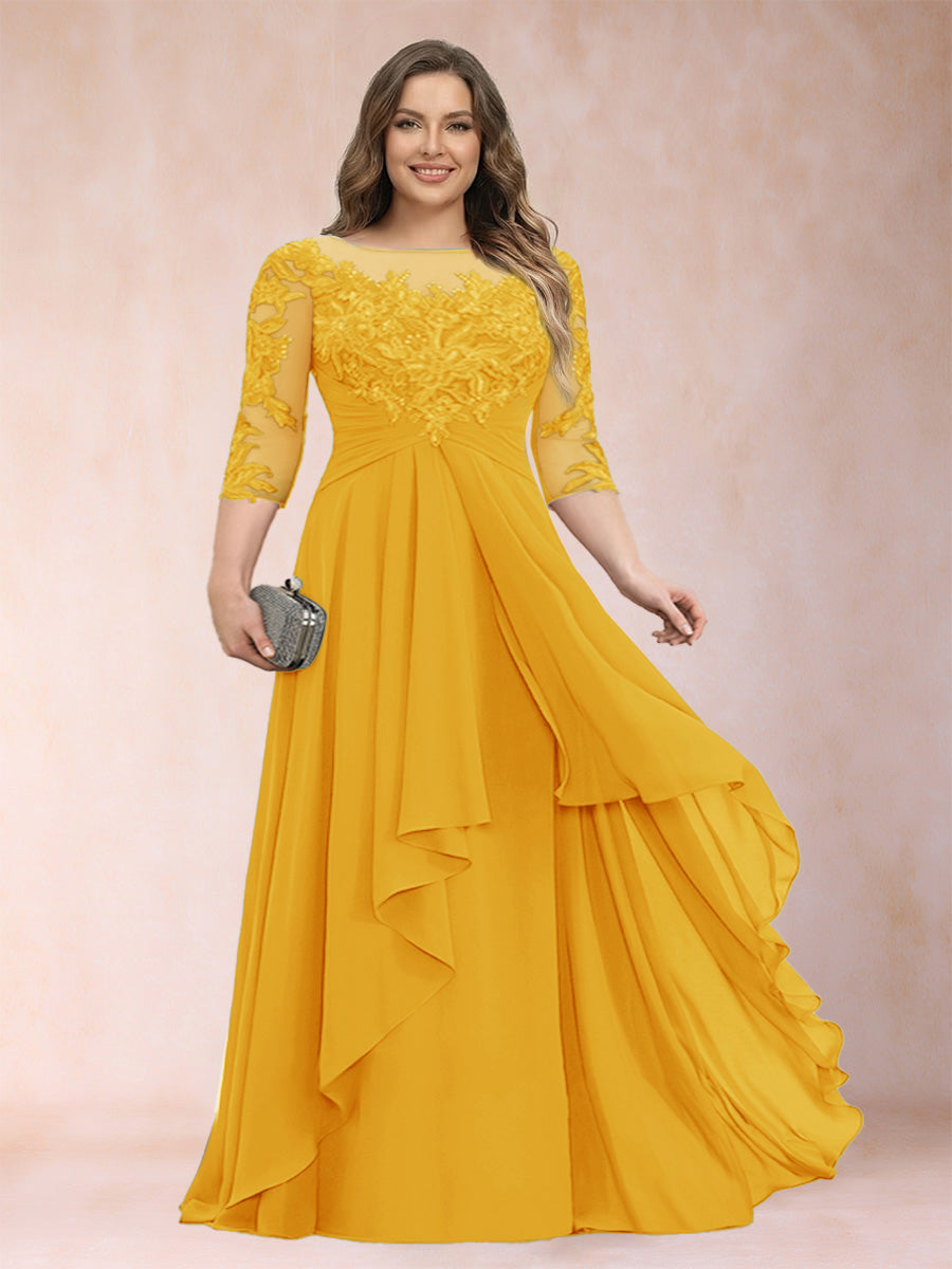 Chiffon mother-of-the-bride dress in yellow with scoop neck and cascading ruffle skirt