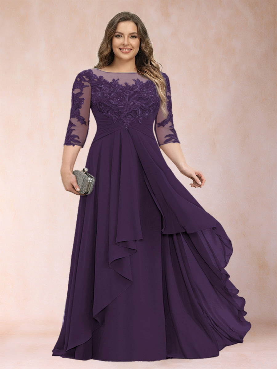 Chiffon mother-of-the-bride dress in dark purple with scoop neck and cascading ruffle skirt
