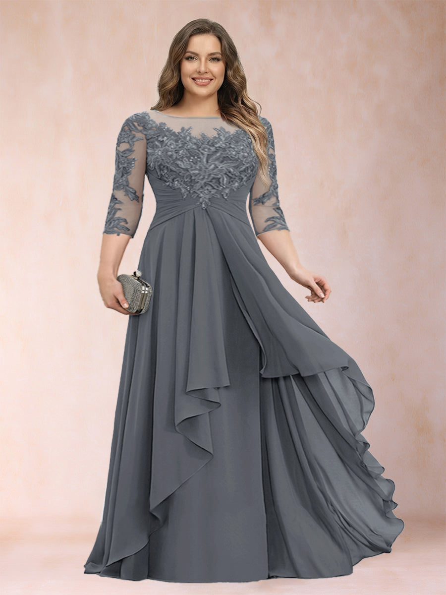 Chiffon mother-of-the-bride dress in gray with scoop neck and cascading ruffle skirt