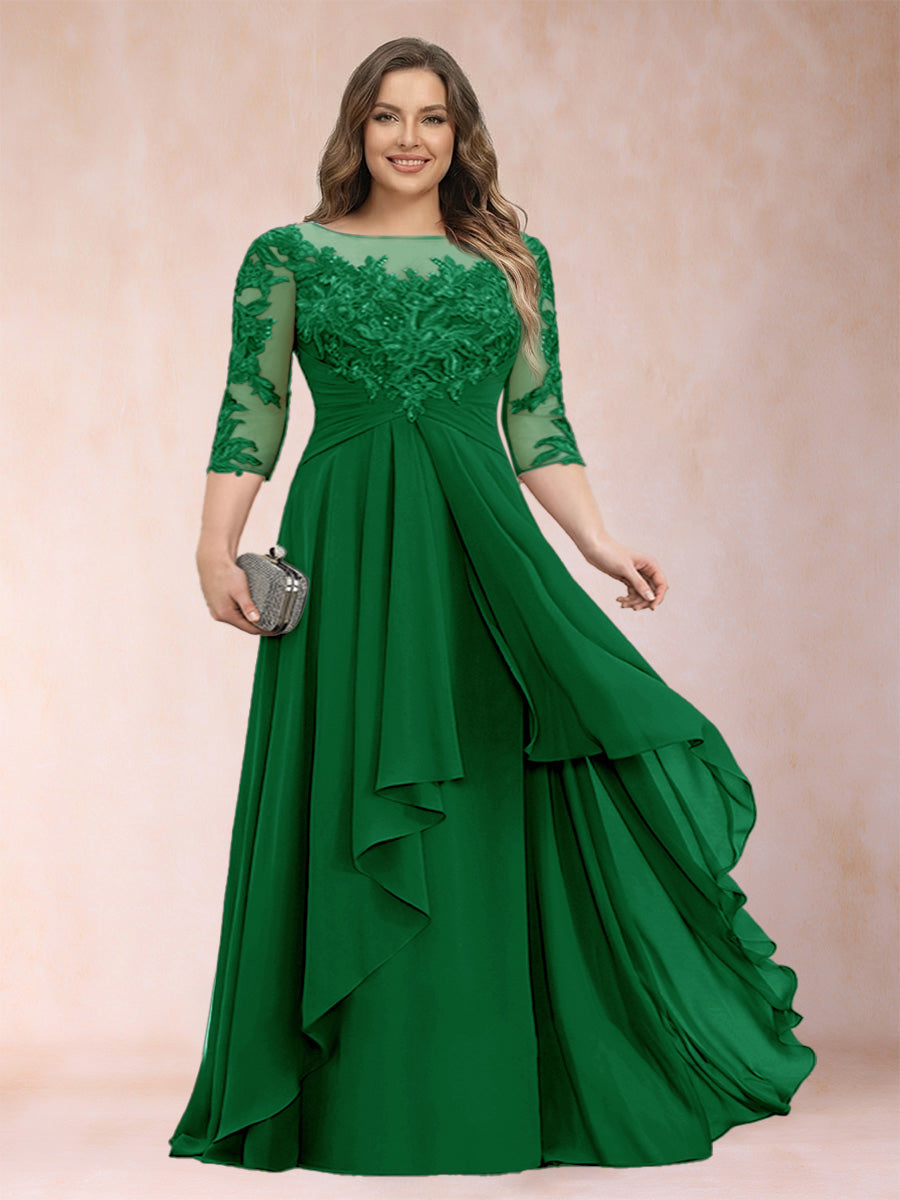 Green chiffon mother of the bride dress with scoop neck, lace bodice, cascading ruffles