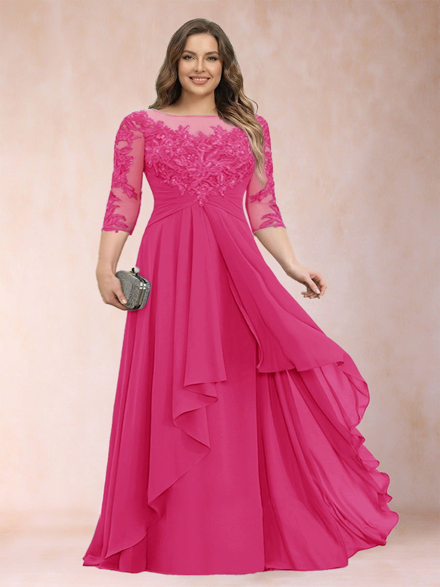 Pink chiffon mother of the bride dress with scoop neck, lace bodice, cascading ruffles