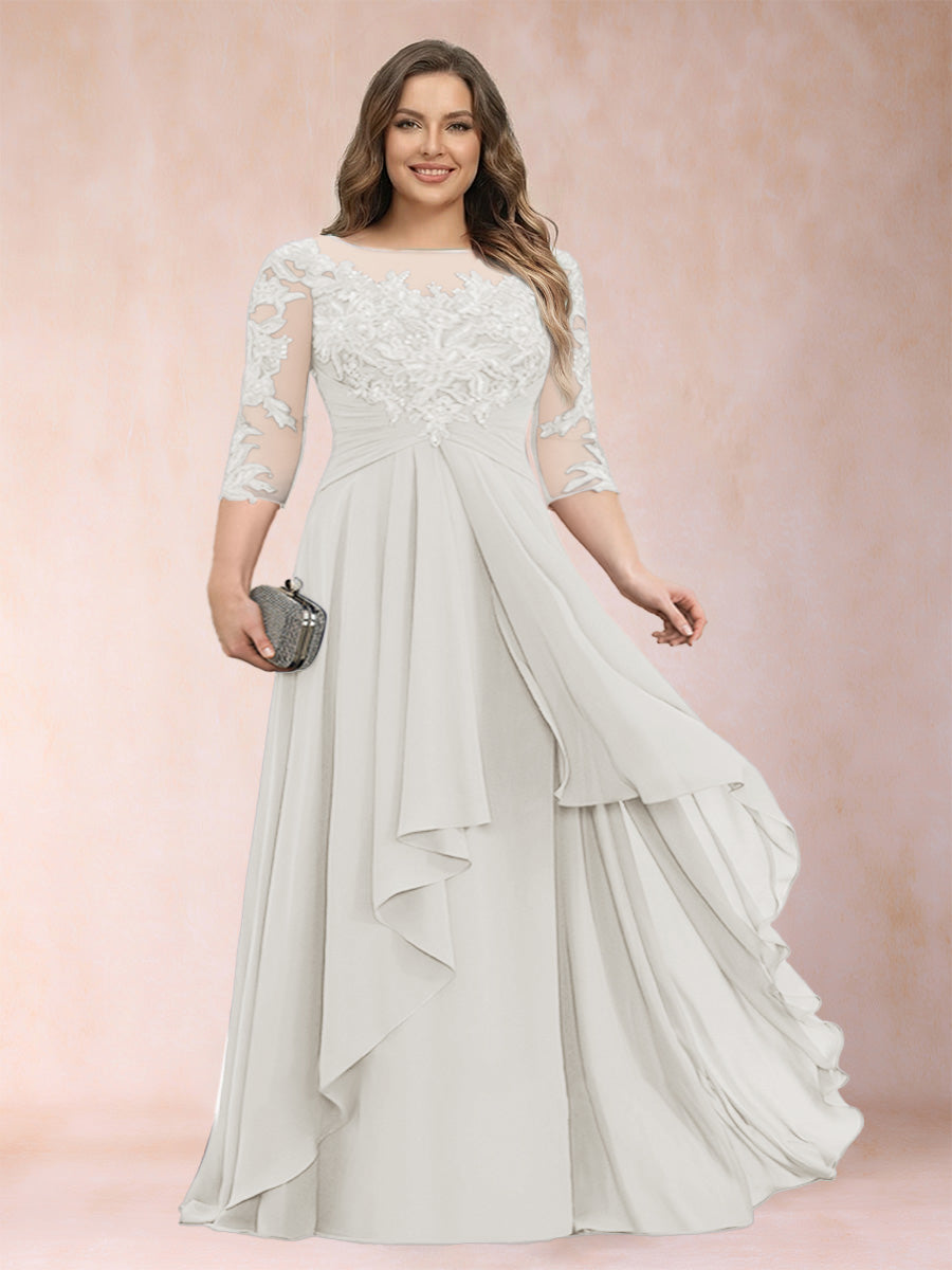 Ivory chiffon mother of the bride dress with scoop neck, lace bodice, cascading ruffles
