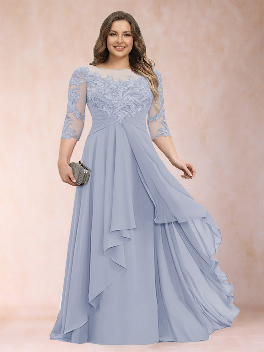 Light blue chiffon mother of the bride dress with scoop neck, lace bodice, cascading ruffles