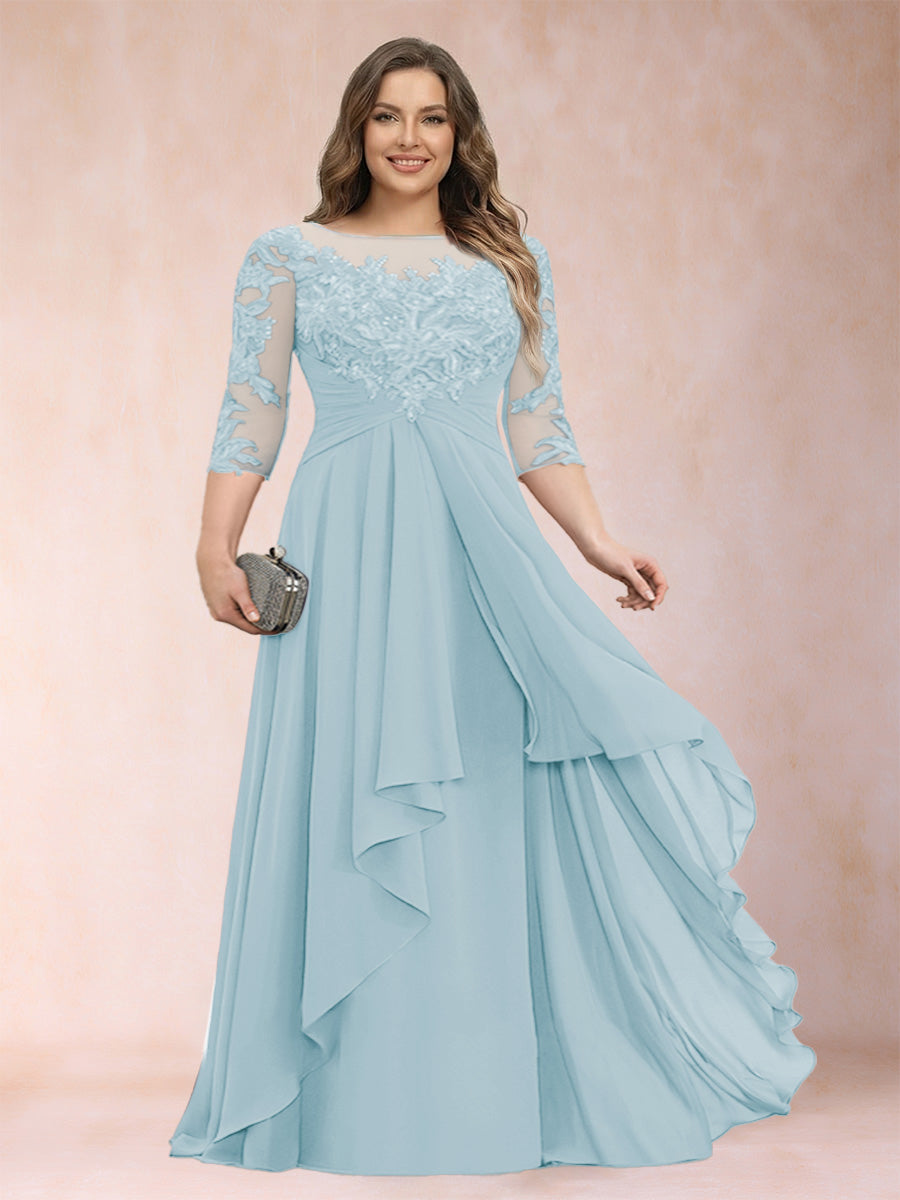 Light teal chiffon mother of the bride dress with scoop neck, lace bodice, cascading ruffles