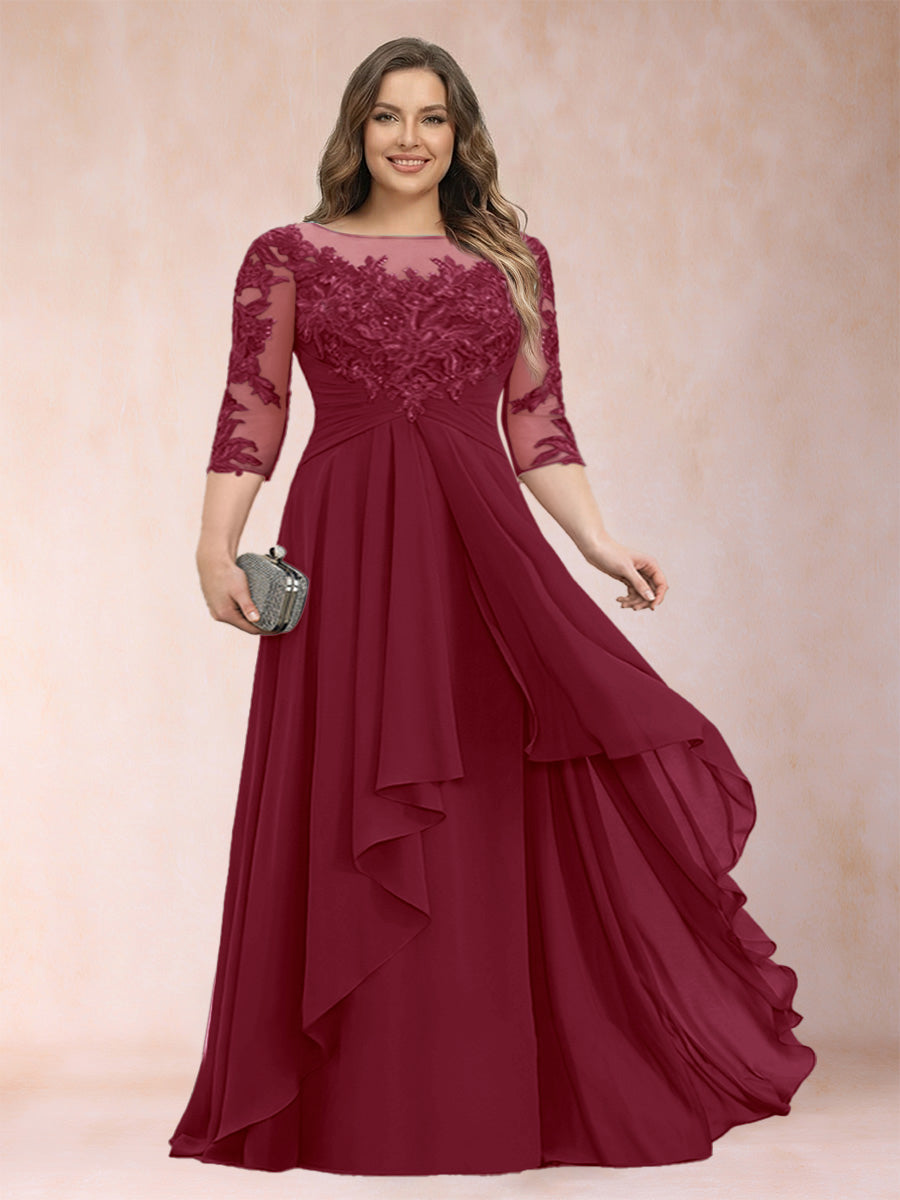 Burgundy chiffon mother of the bride dress with scoop neck, lace bodice, cascading ruffles