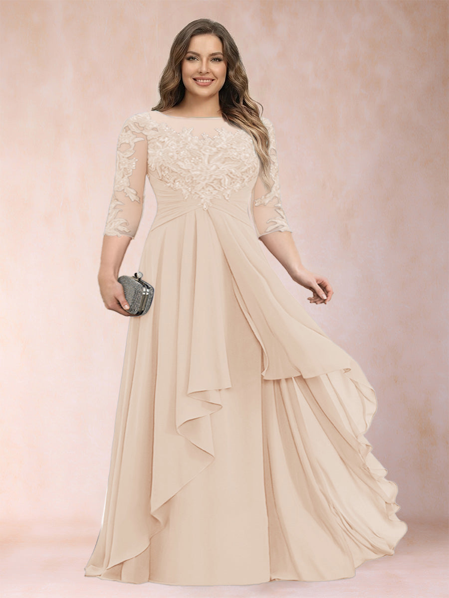 Champagne chiffon mother of the bride dress with scoop neck, lace bodice, cascading ruffles