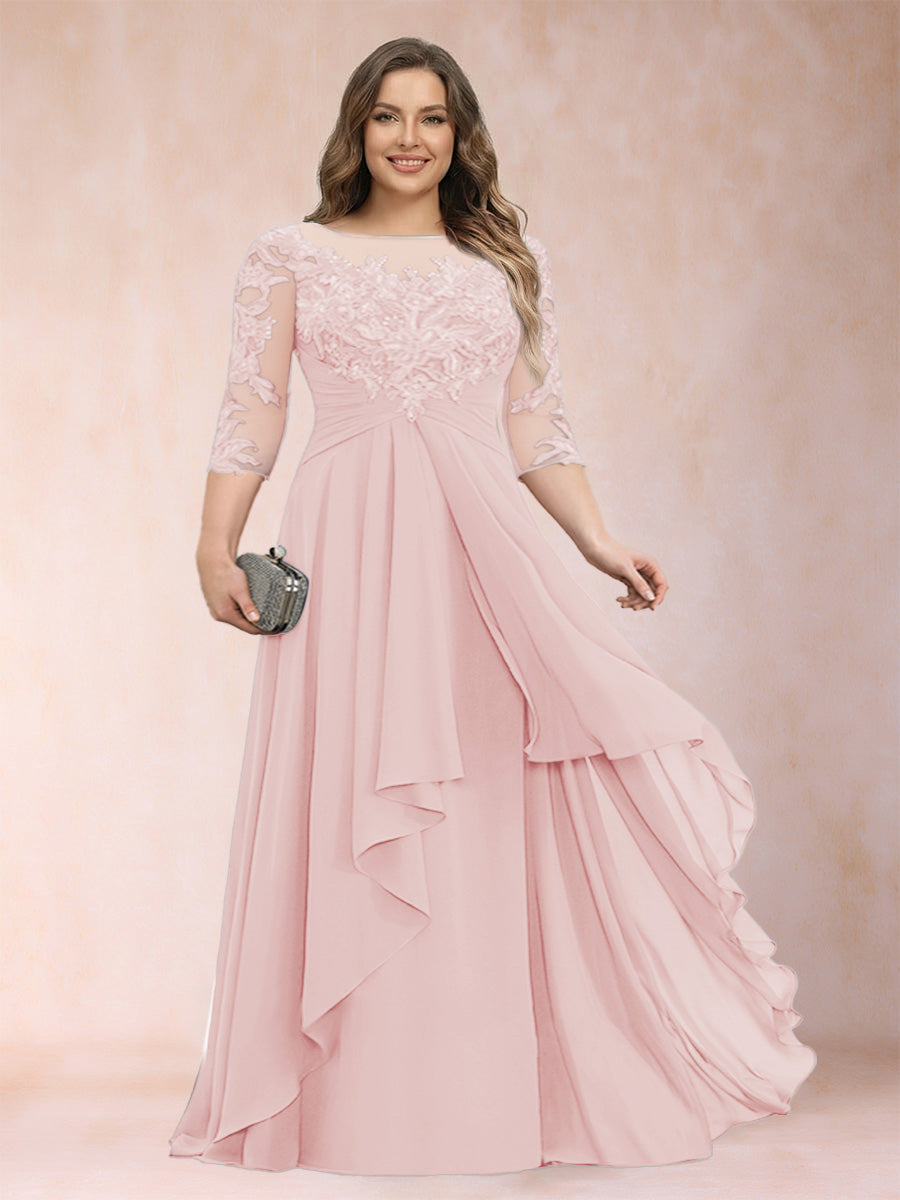 Blush pink chiffon mother of the bride dress with scoop neck, lace bodice, cascading ruffles