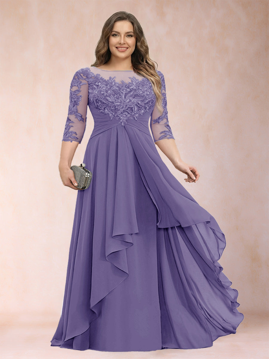 Purple chiffon mother of the bride dress with scoop neck, lace bodice, cascading ruffles
