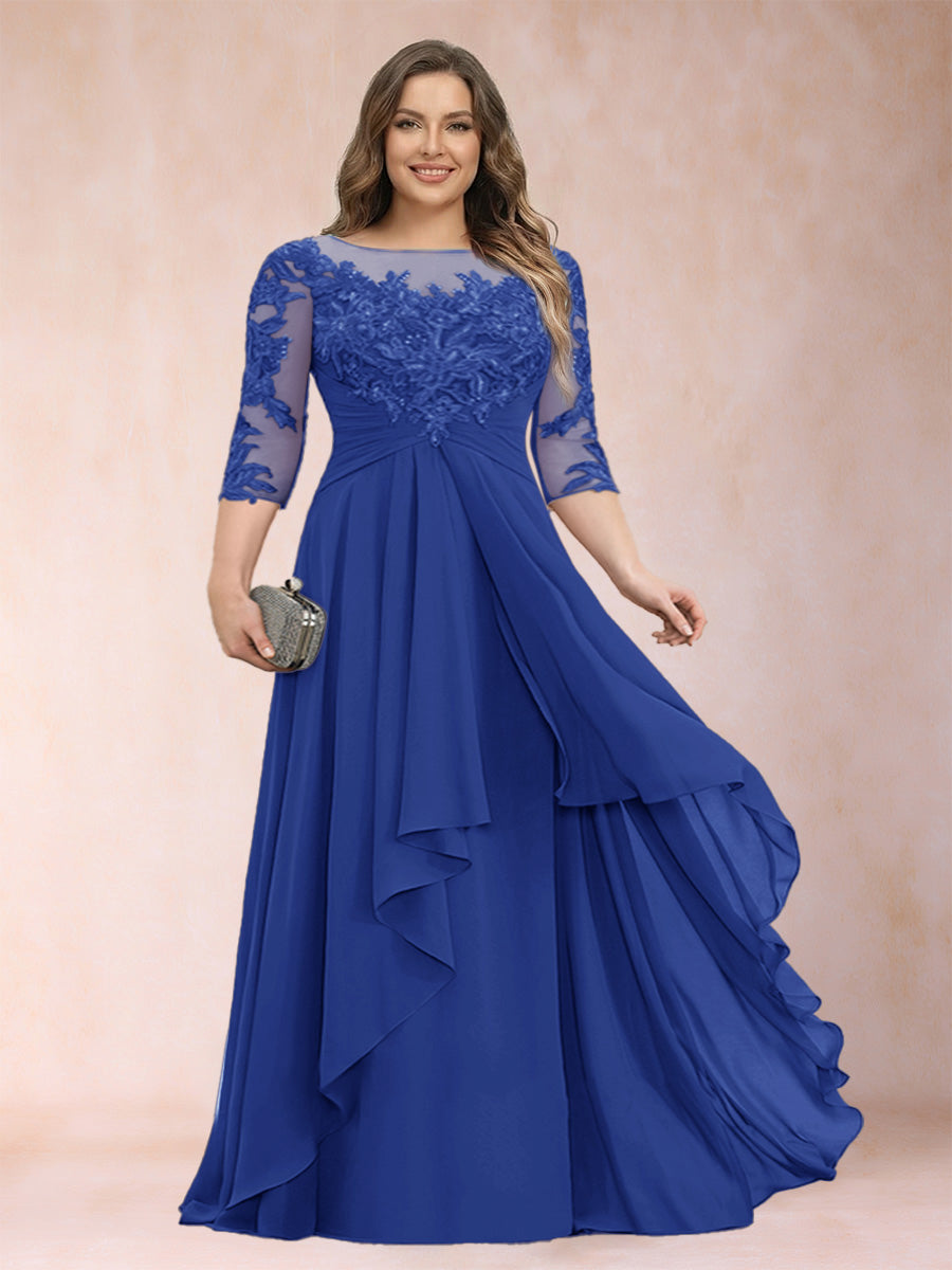 Royal blue chiffon mother of the bride dress with scoop neck, lace bodice, cascading ruffles