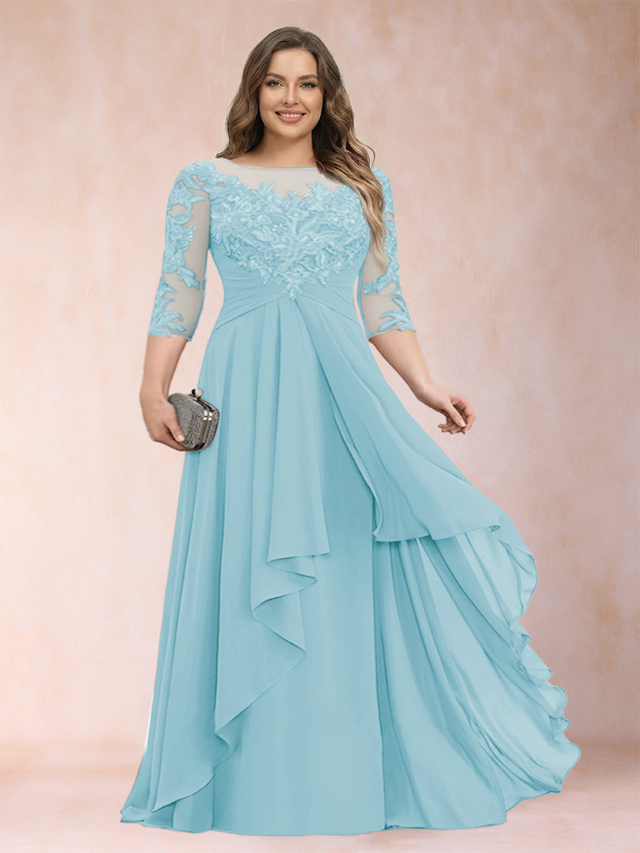 Sky blue chiffon mother of the bride dress, scoop neck, lace sleeves, cascading ruffle skirt