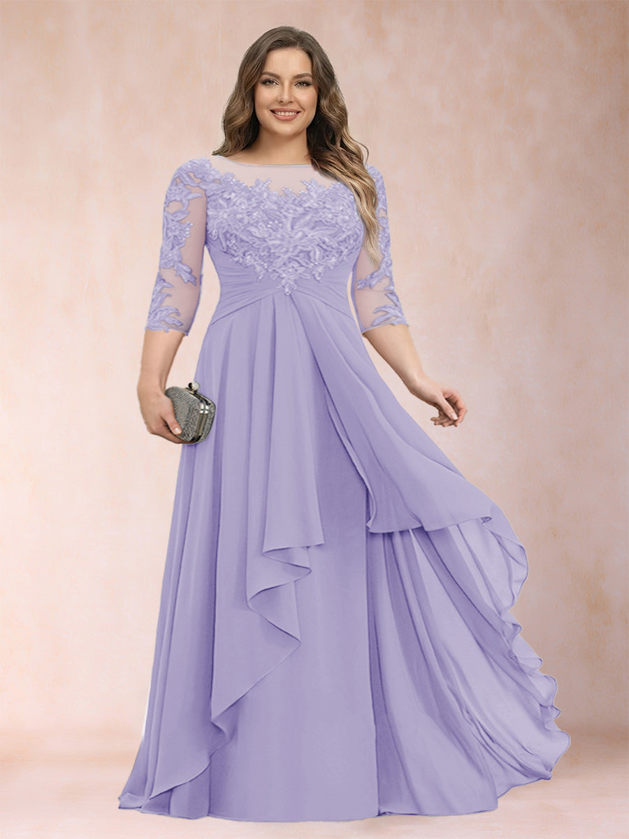 Lavender chiffon mother of the bride dress, scoop neck, lace three-quarter sleeves, ruffle skirt
