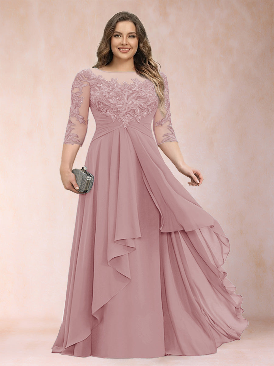 Blush pink chiffon mother of the bride dress, scoop neck, lace three-quarter sleeves, cascading ruffles