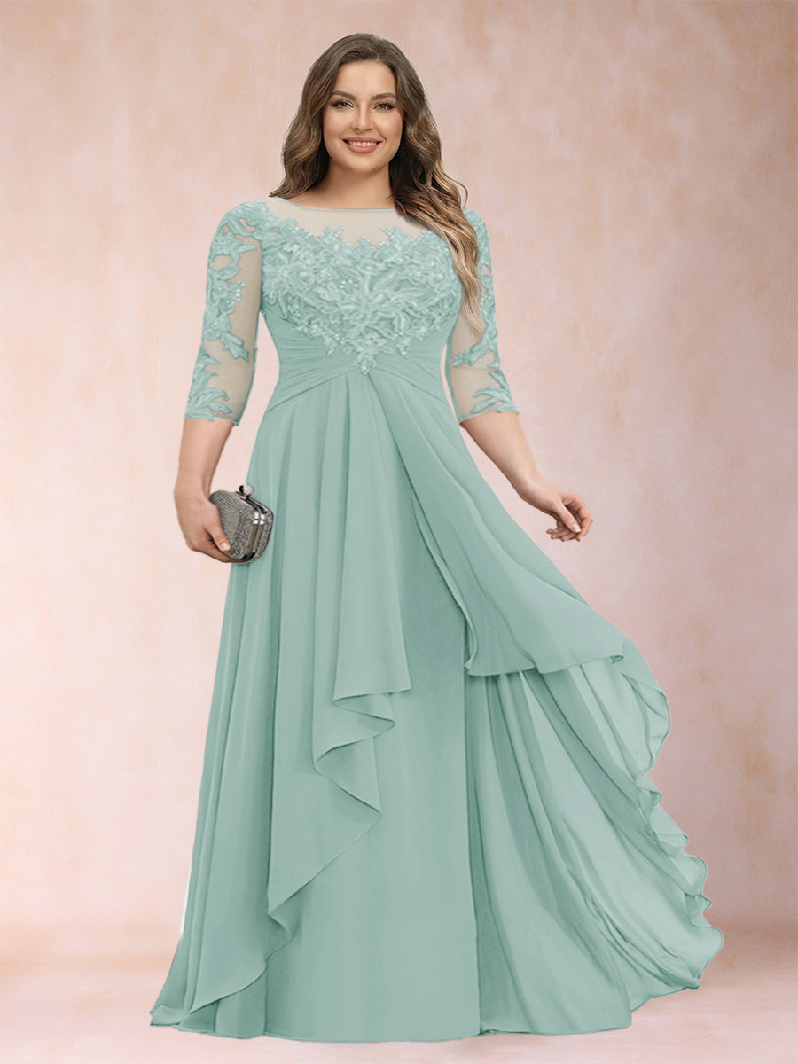Teal chiffon mother of the bride dress, scoop neck, lace three-quarter sleeves, cascading ruffle hem