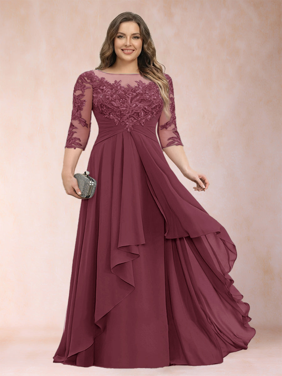 Burgundy chiffon mother of the bride dress, scoop neck, lace three-quarter sleeves, layered ruffles