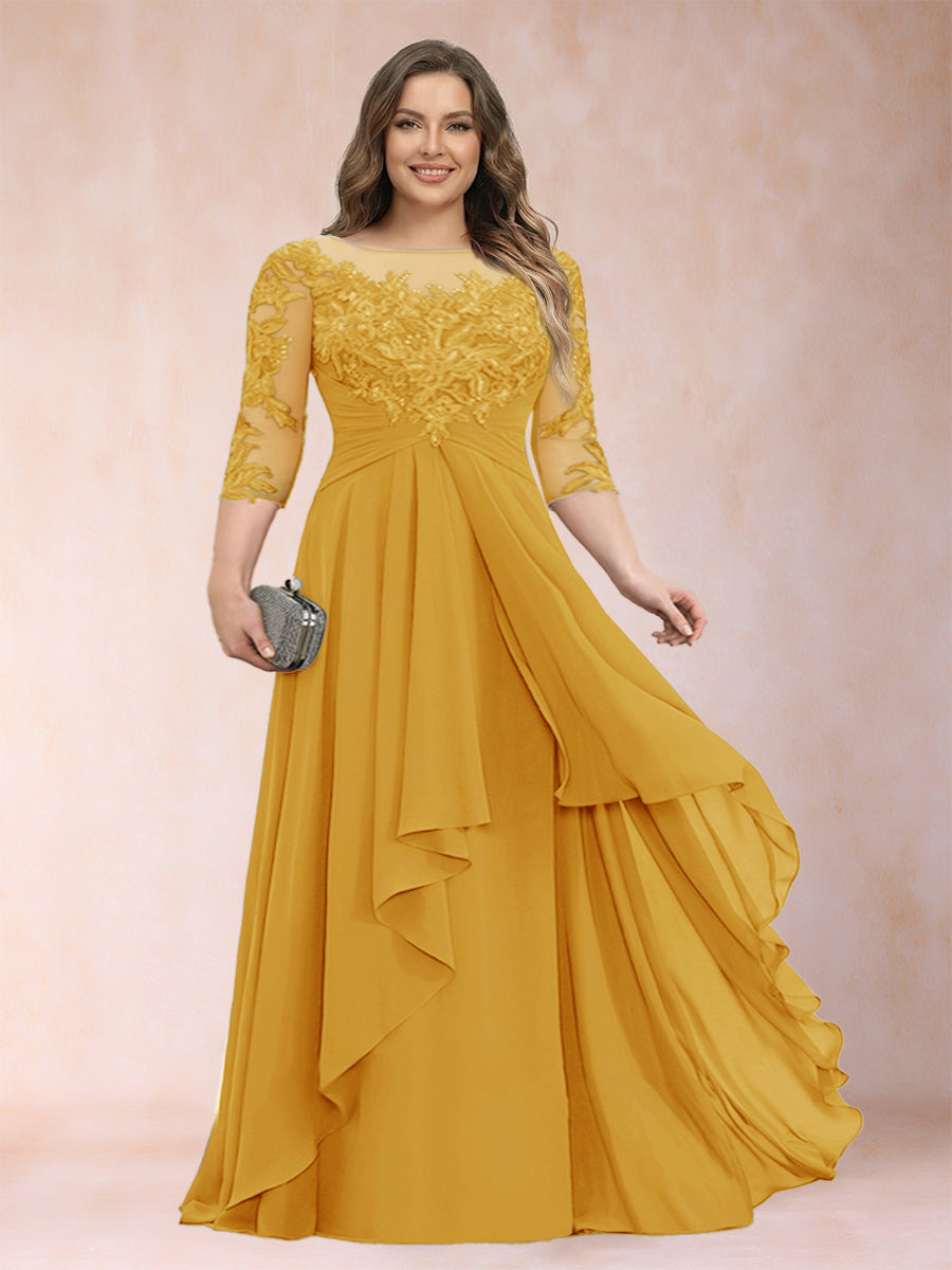 Mustard yellow chiffon mother of the bride dress, scoop neck, lace three-quarter sleeves, ruffled skirt