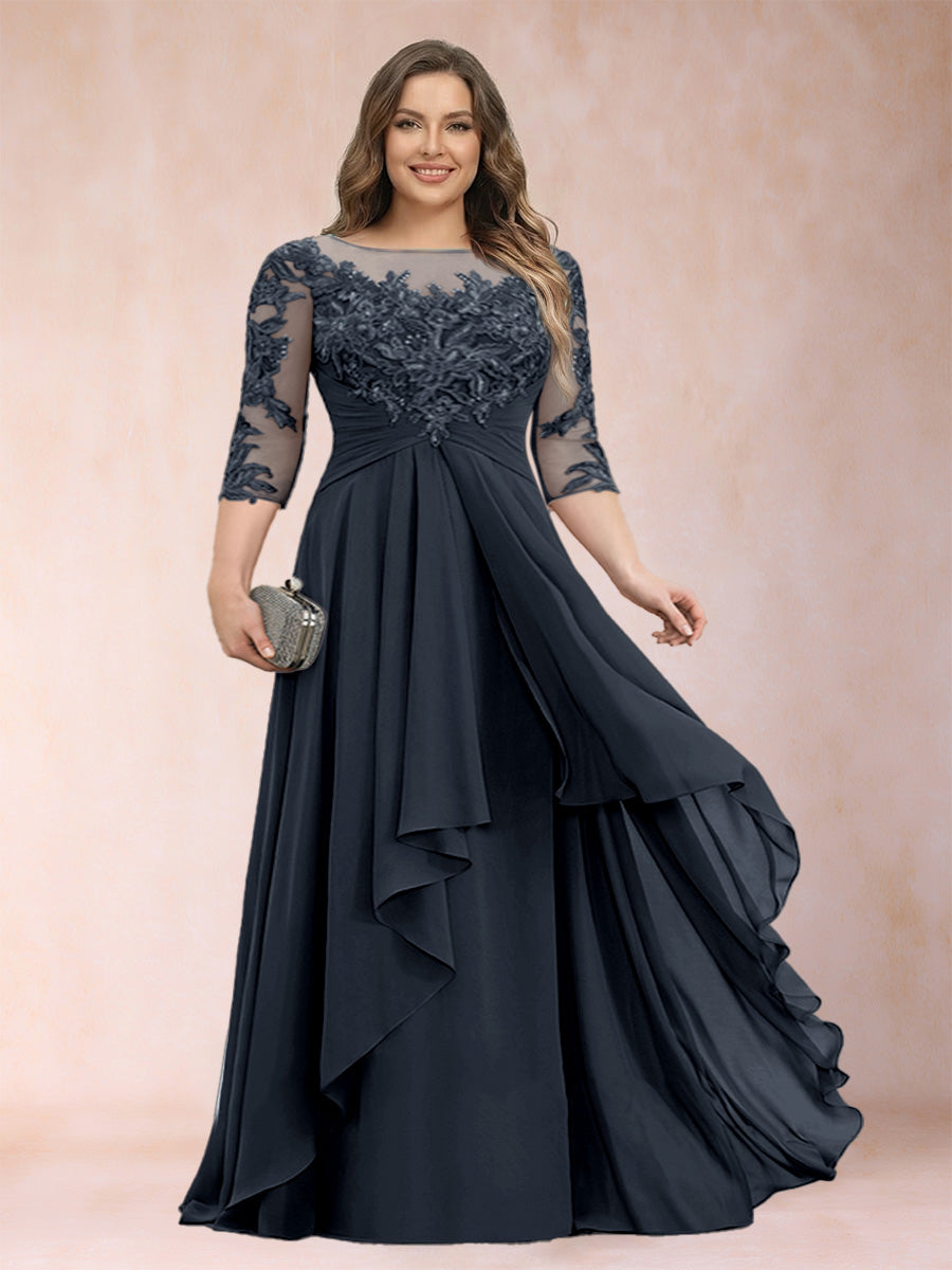 Navy blue chiffon mother of the bride dress, scoop neck, lace three-quarter sleeves, cascading ruffles
