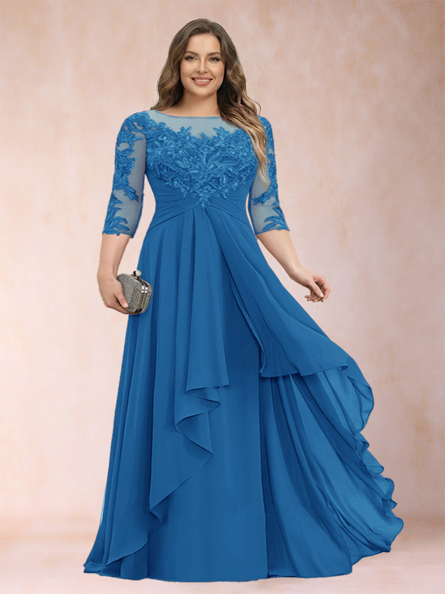 Royal blue chiffon mother of the bride dress, scoop neck, lace three-quarter sleeves, ruffle skirt