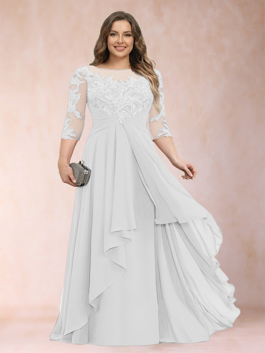 White chiffon mother of the bride dress, scoop neck, lace three-quarter sleeves, cascading ruffle skirt