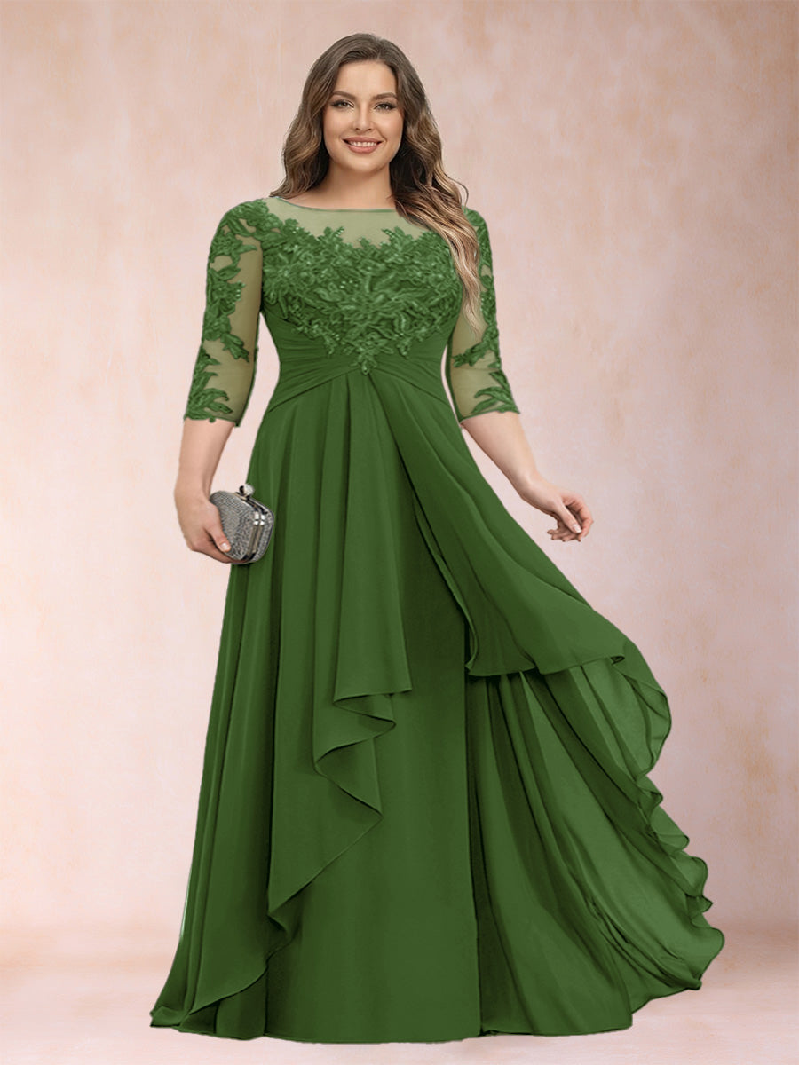 Chiffon mother-of-the-bride dress, dark green lace scoop neck with cascading ruffles