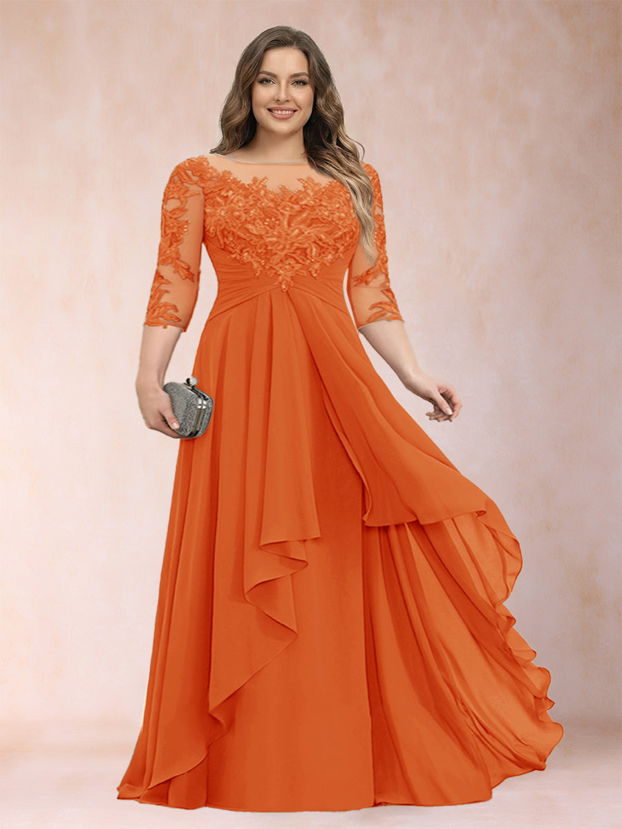 Chiffon mother-of-the-bride dress, orange lace scoop neck with cascading ruffles