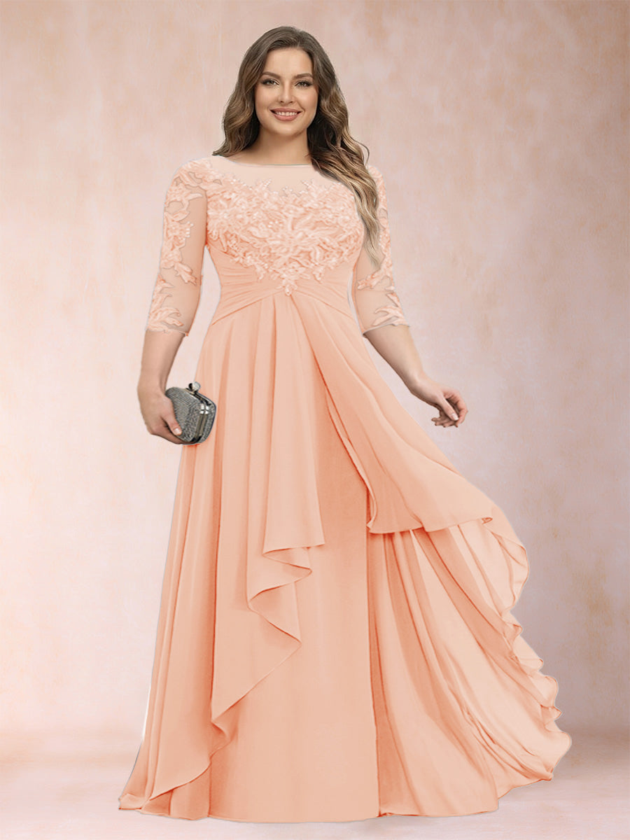 Chiffon mother-of-the-bride dress, pale peach lace scoop neck with cascading ruffles