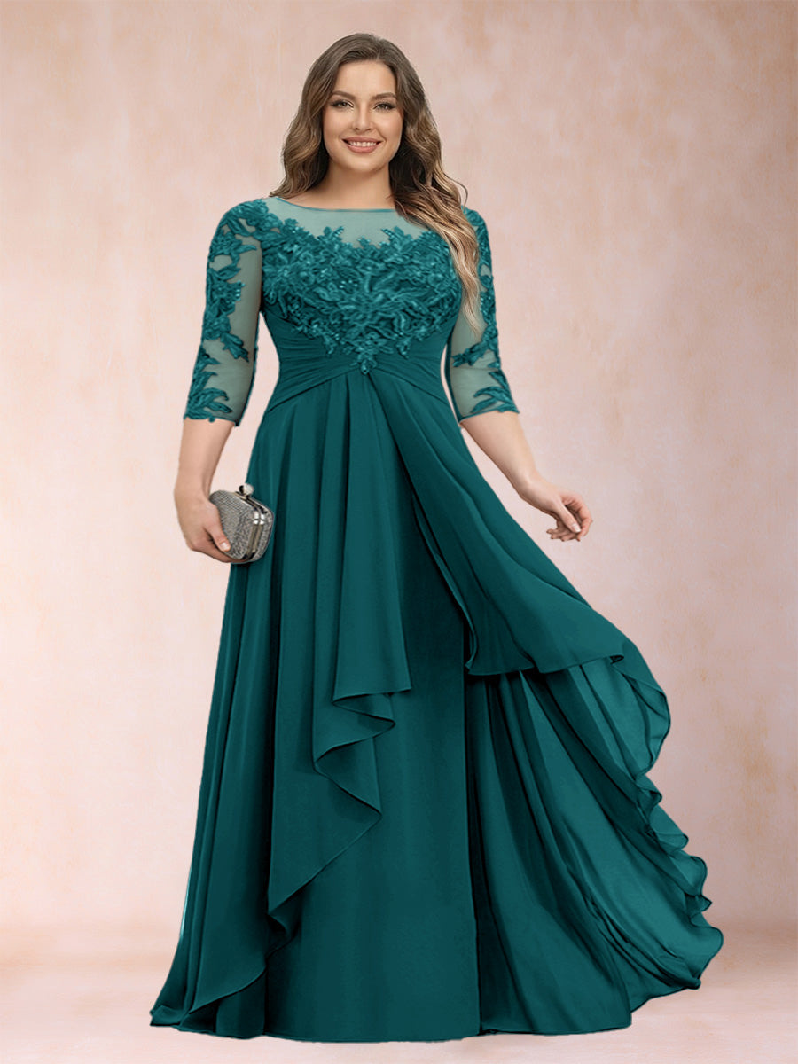 Chiffon mother-of-the-bride dress, teal lace scoop neck with cascading ruffles