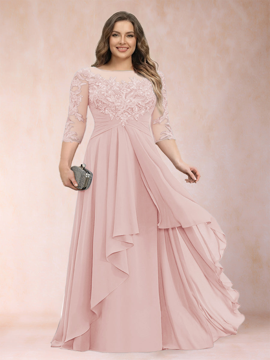 Chiffon mother-of-the-bride dress, light blush lace scoop neck with cascading ruffles