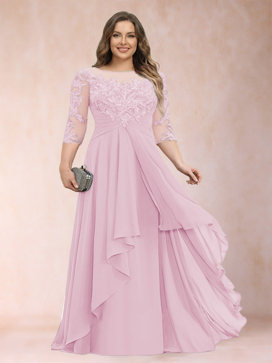 Chiffon mother-of-the-bride dress, pink lace scoop neck with cascading ruffles