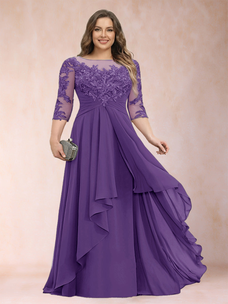 Chiffon mother-of-the-bride dress, royal purple lace scoop neck with cascading ruffles